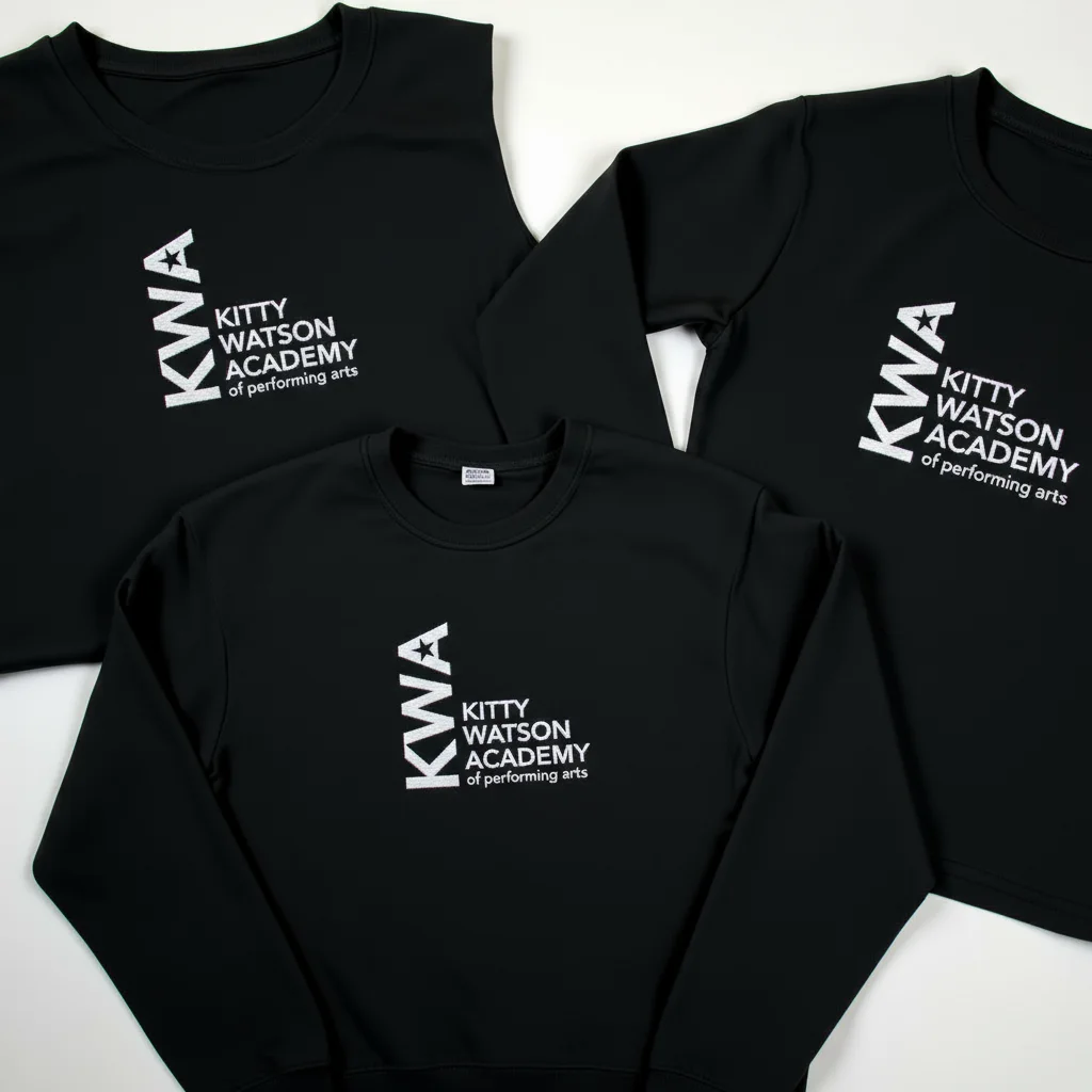 Black t-shirts and sweatshirts with white KWA Kitty Watson Academy of Performing Arts left chest embroidery