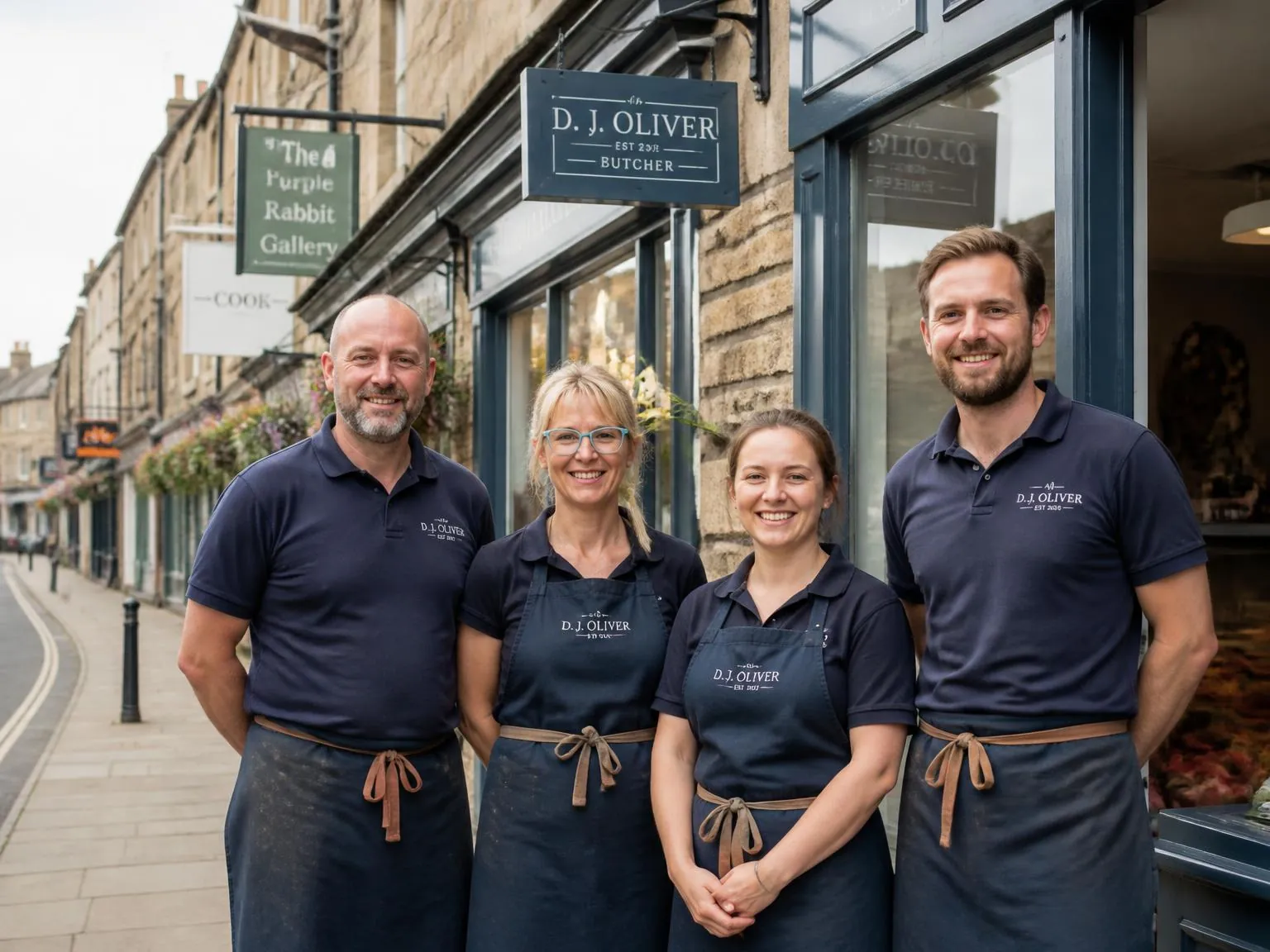 North Yorkshire business owners in branded workwear standing together on a local high street.
