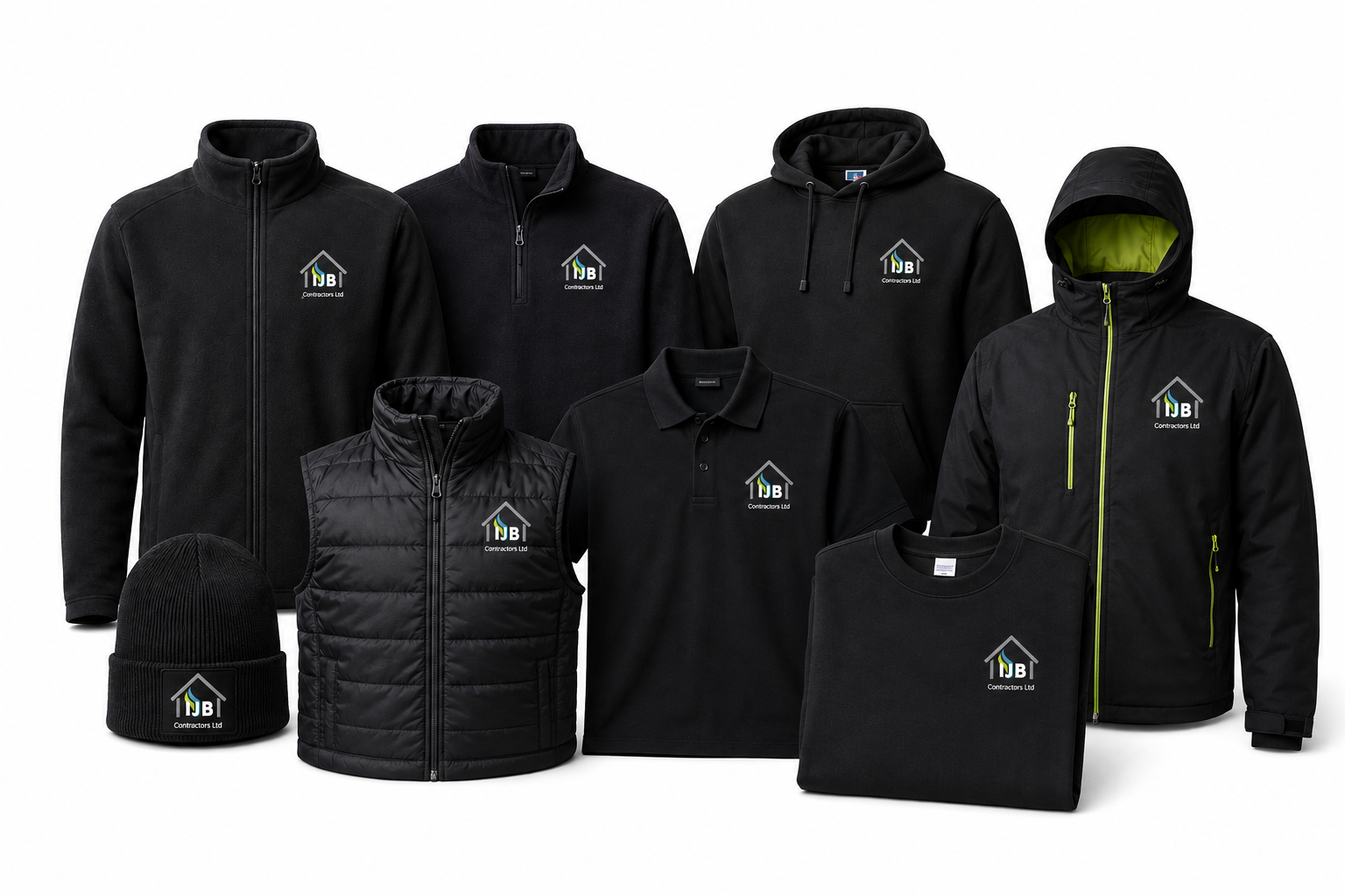 IJB Heating branded black workwear collection with embroidered left chest logos on fleeces, softshells, polos, hoodies and beanie