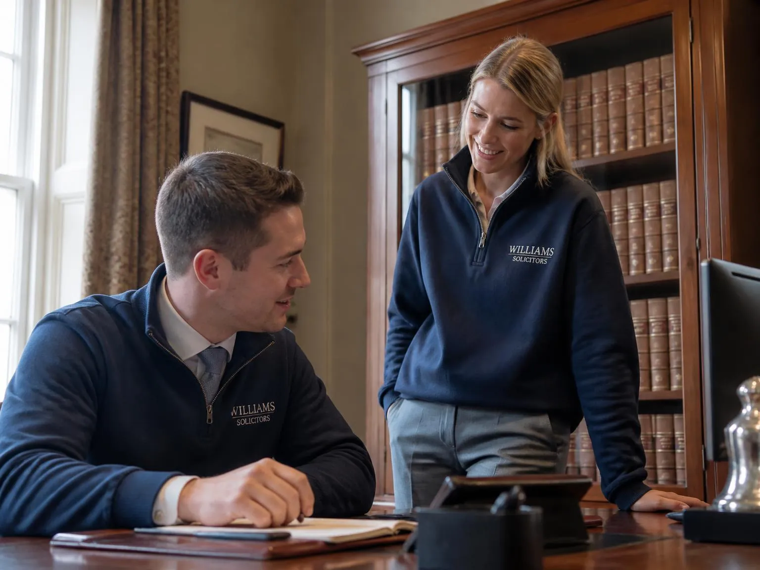 Solicitors at a Yorkshire law firm wearing branded white shirts with embroidered logos.