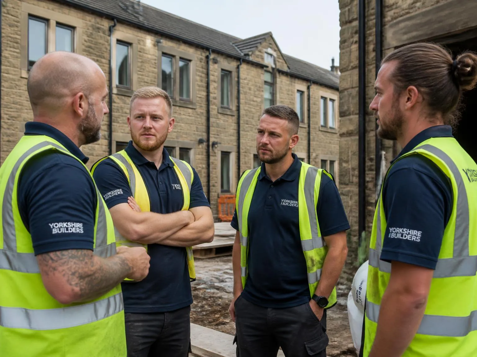 North Yorkshire builders wearing branded workwear t-shirts and hi-vis vests on a local building site.