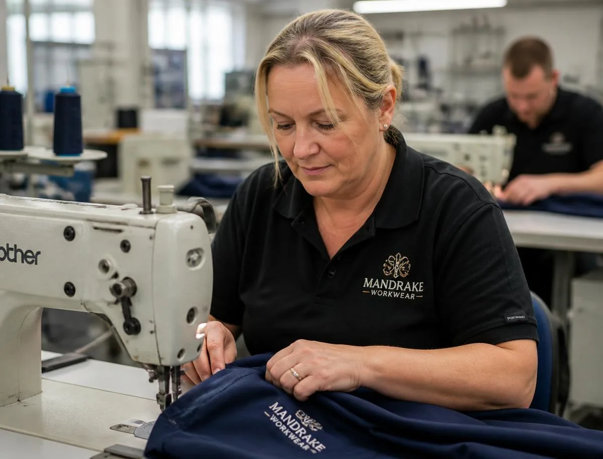 Garment workers stitching and embroidering branded workwear in a clean, bright UK factory.