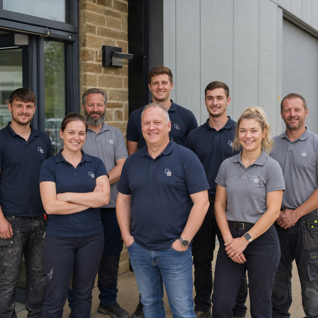 A small business team in matching branded polos and fleeces outside their premises