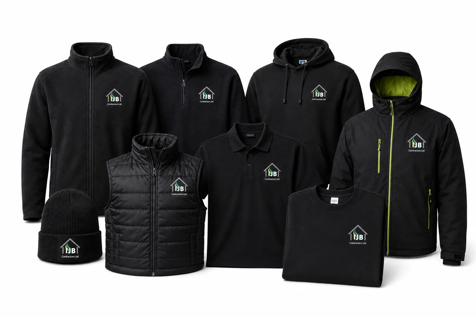 IJB Heating branded black workwear collection with embroidered left chest logos on fleeces, softshells, polos, hoodies and beanie