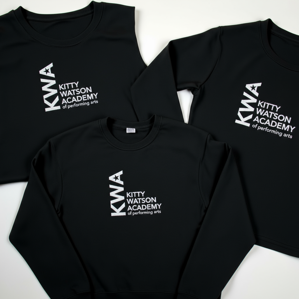 Black t-shirts and sweatshirts with white KWA Kitty Watson Academy of Performing Arts left chest embroidery