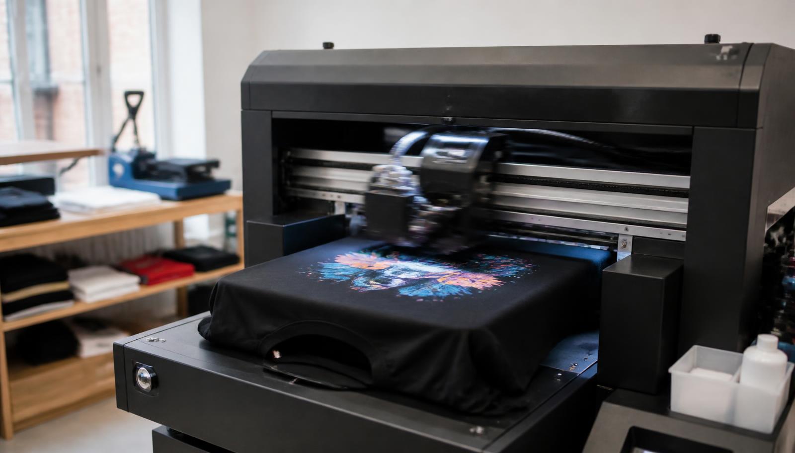 Direct-to-garment printer printing a full-colour design onto a black t-shirt in a UK workshop