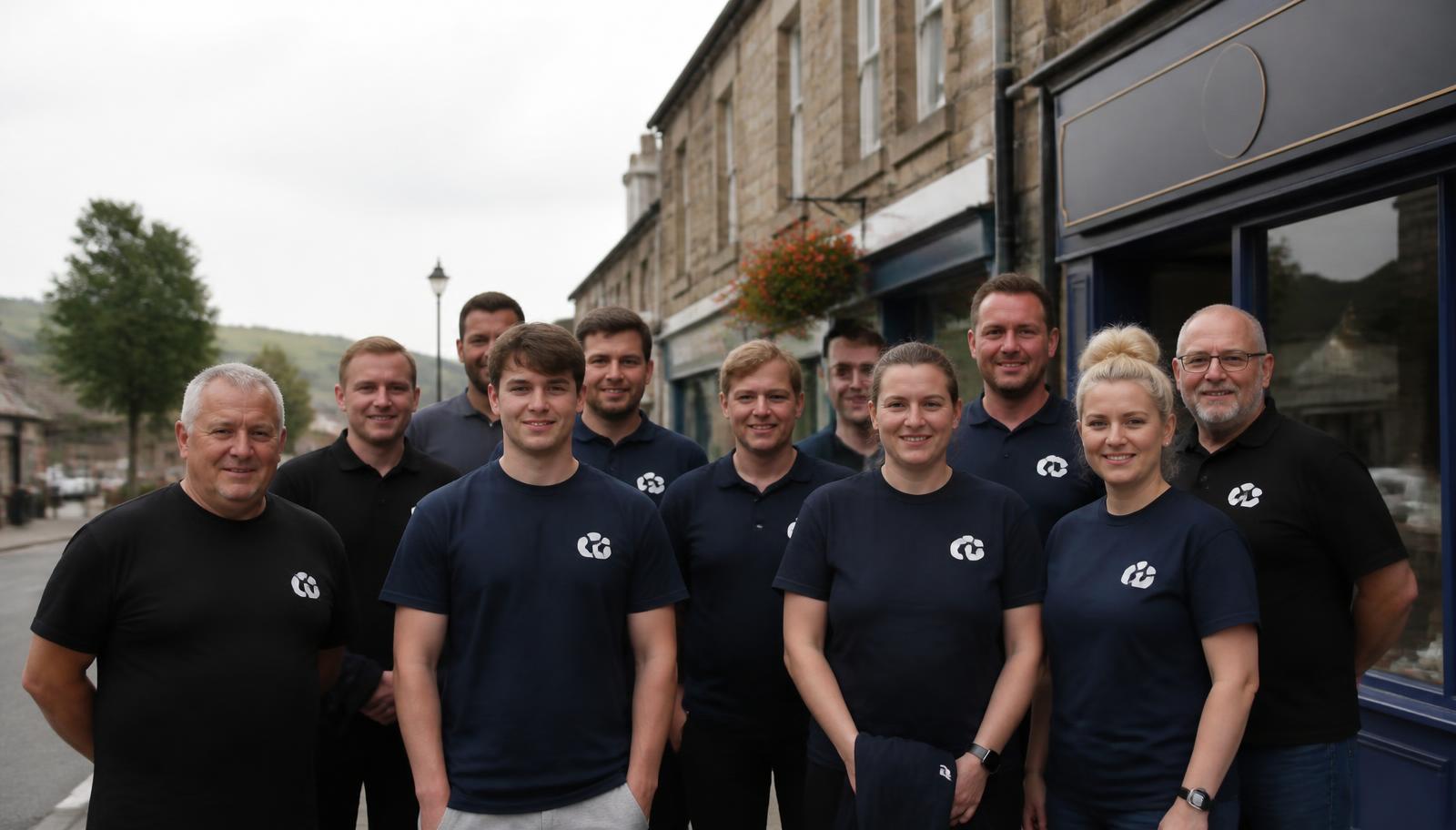 A local Yorkshire business team and club members standing together on a village high street in matching printed navy and black t-shirts