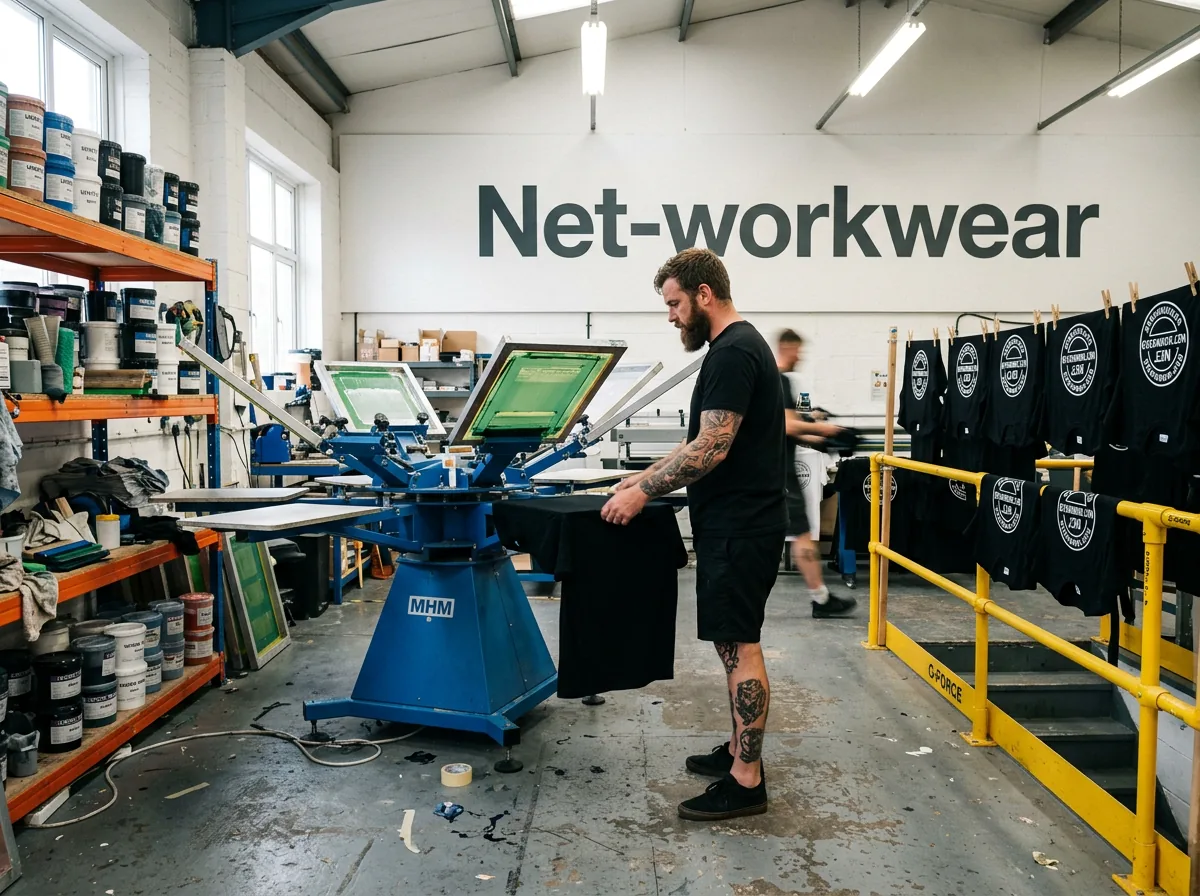 Screen printing carousel printing custom t-shirts in Net-workwear's UK factory.