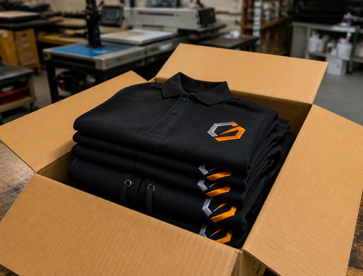 Folded black embroidered polo shirts and hoodies packed in a delivery box at a UK print workshop.