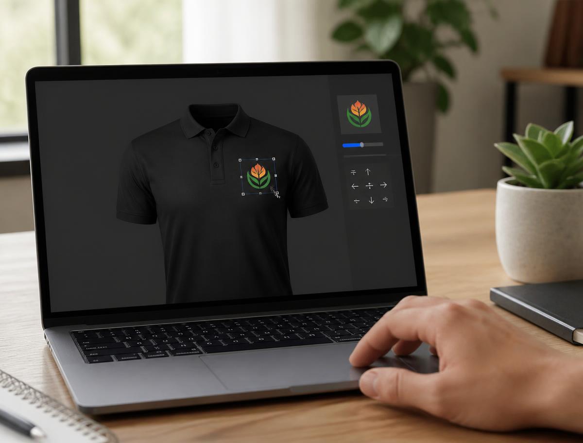 Logo being resized and positioned on the left chest of a black polo shirt mockup.