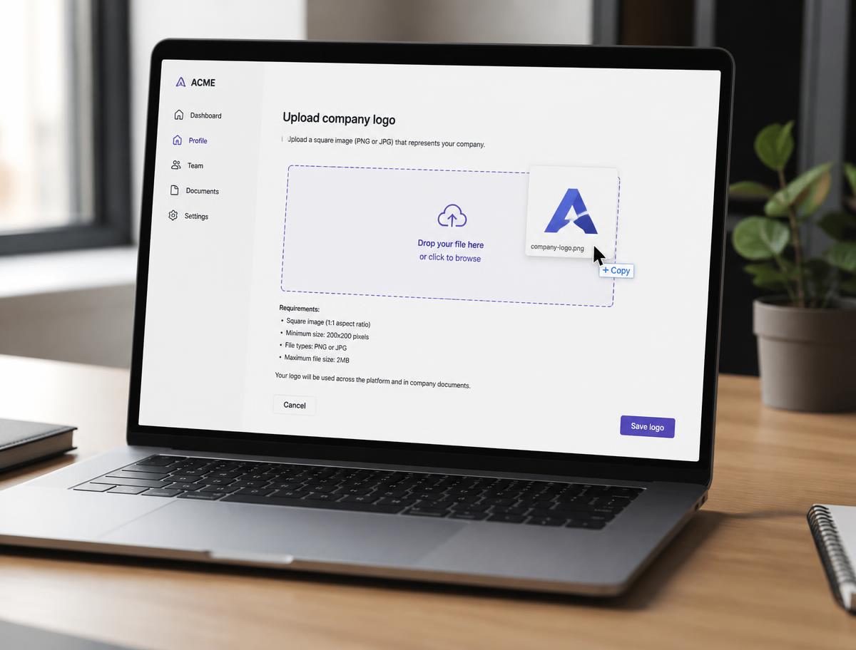 Person dragging a company logo file into an online upload area on a laptop.